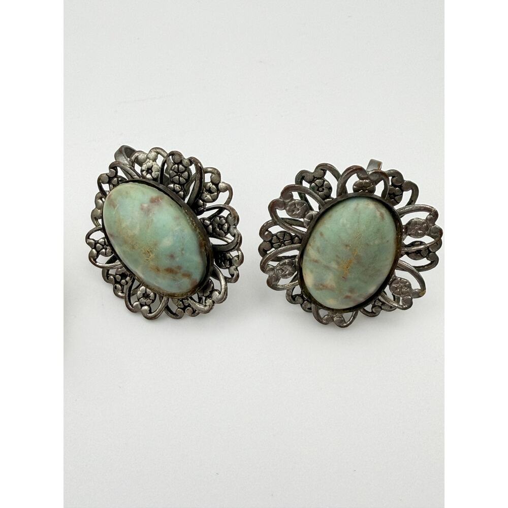 4 pc SET Vintage Clip On & Screw Back Earrings Floral Blue Stone Retro - Picture 3 of 7
